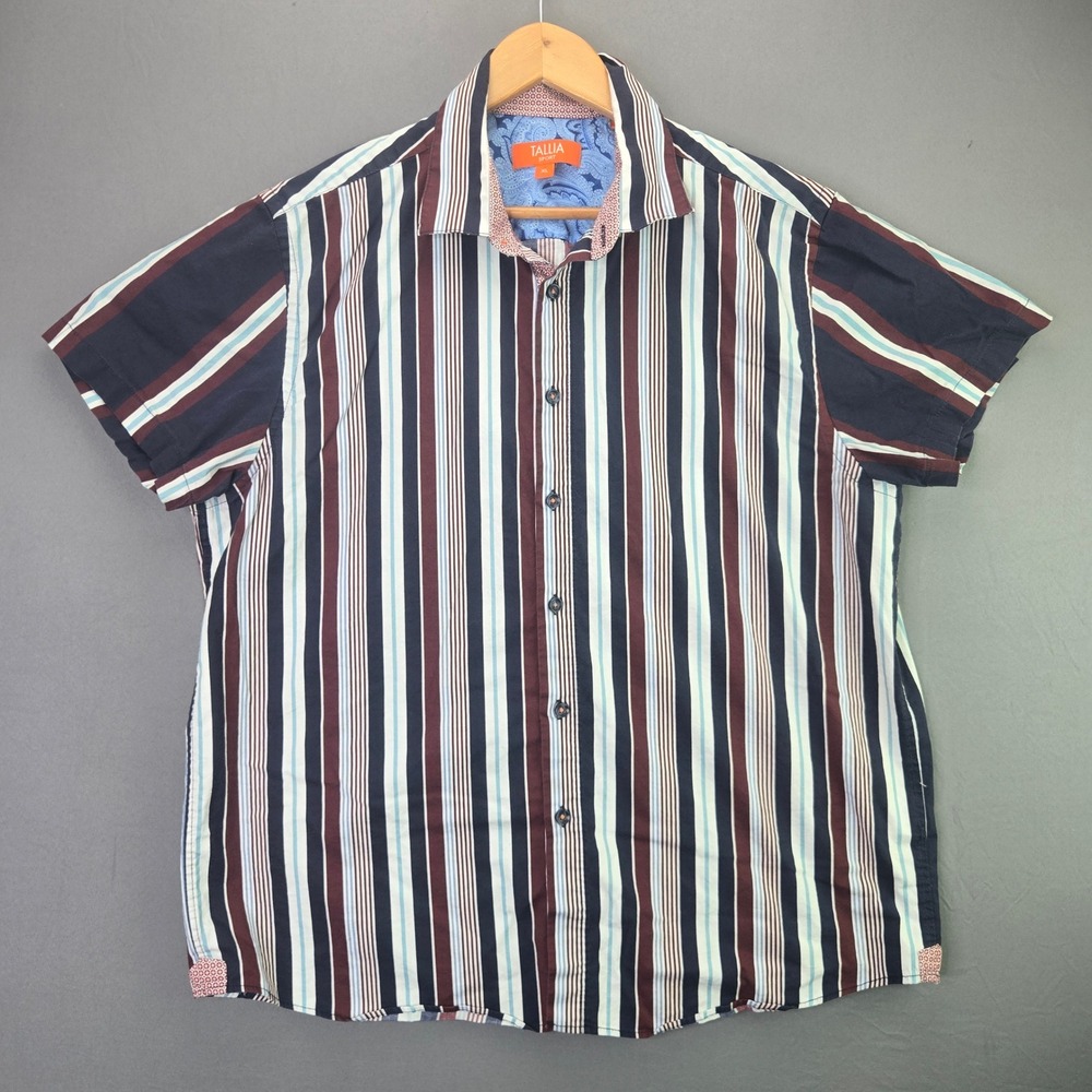Tallia Sport Button Up Shirt XL Multicolor Vertical Stripe Short Sleeve Cotton